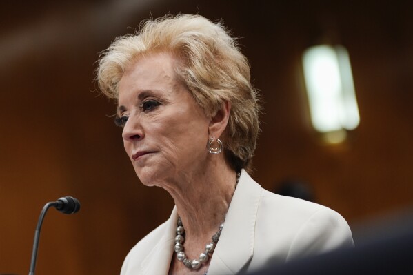 Education Secretary Linda McMahon listens to Senators speak during a Senate Appropriations hearing, Tuesday, June 3, 2025, on Capitol Hill in Washington. (AP Photo/Julia Demaree Nikhinson)