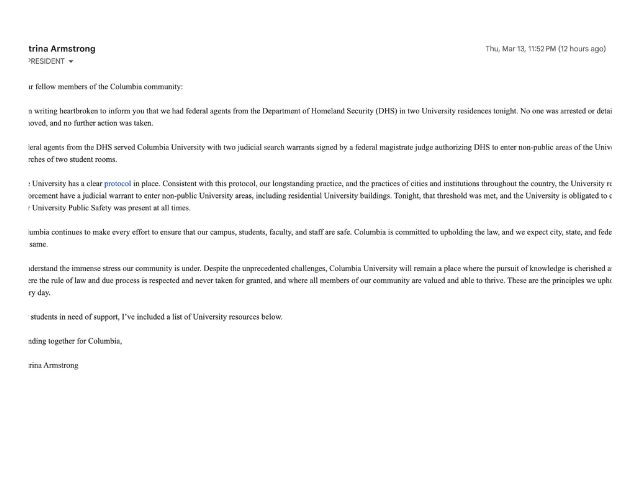 University of Columbia President notice to students on March 13 over federal warrants, search and arrest, and DHS engagement on campus Photo: X