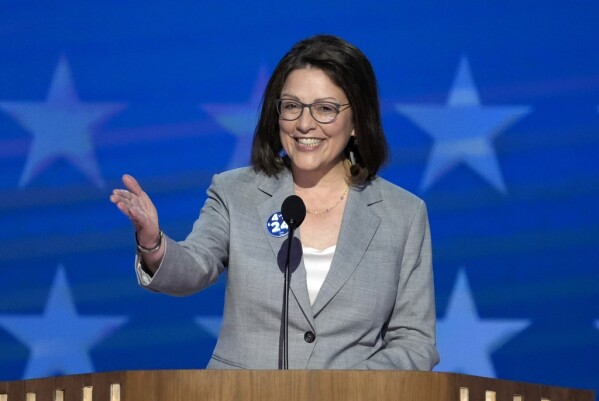 Rep. Suzan Delbene, D-Wash., speaks during the Democratic National Convention Wednesday, Aug. 21, 2024, in Chicago. (AP Photo/J. Scott Applewhite)