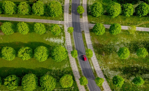 A car drives between trees in a small park in Frankfurt, Germany, April 8, 2024. (AP Photo/Michael Probst, File)