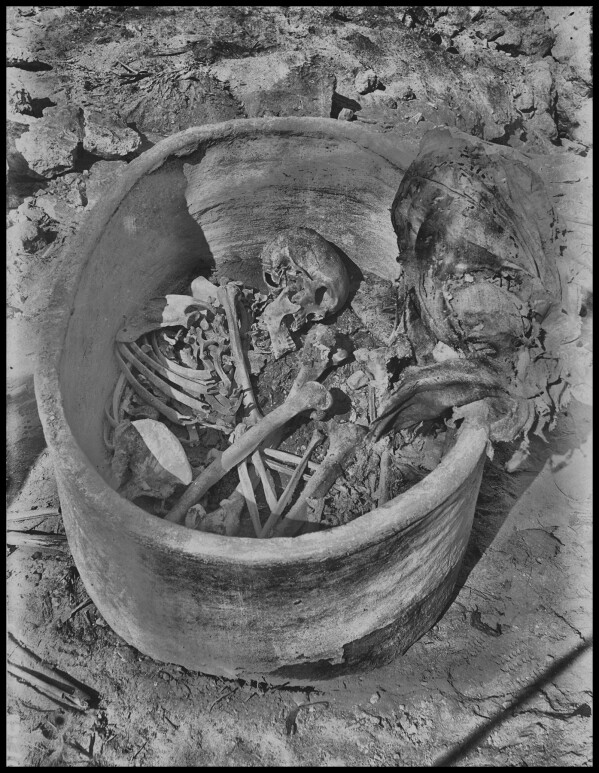This photo provided by researchers shows a pottery vessel containing the remains of a man, radiocarbon dated to around 2855–2570 cal BCE, in Nuwayrat, Egypt. (John Garstang, Mahmoud Abd El Gelel/Garstang Museum of Archaeology/University of Liverpool via AP)